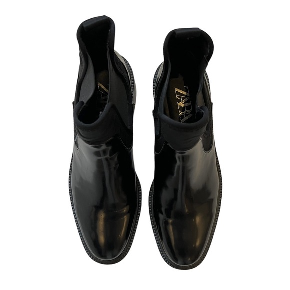 Zara Black Patent Leather Booties with Fabric Slip-On - Picture 4 of 8